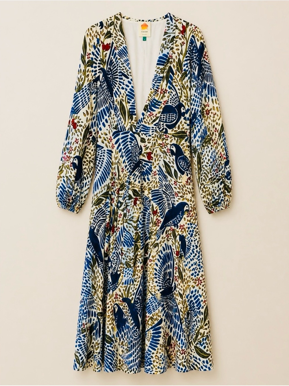 FARM RIO Macaw Flight Deep V-neck Midi Dress Size Large NWT 🦜 $280 retail - Picture 2 of 9